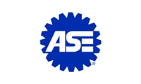 A blue and white logo of ase