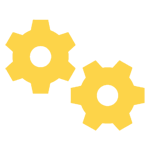 Two yellow gears are shown on a green background.